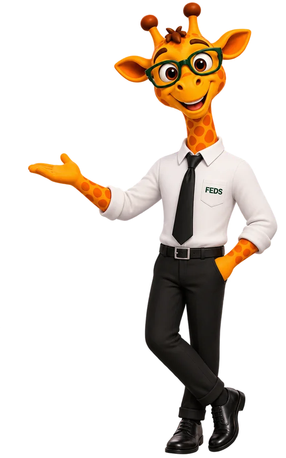 Maskot FEDS — žirafa finanční poradce