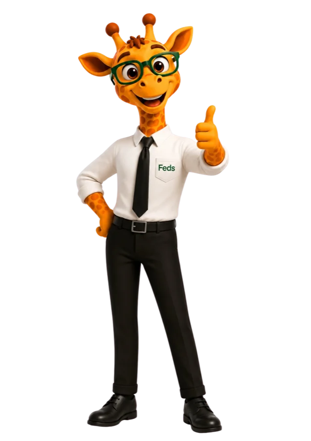 Maskot FEDS — žirafa s palcem nahoru